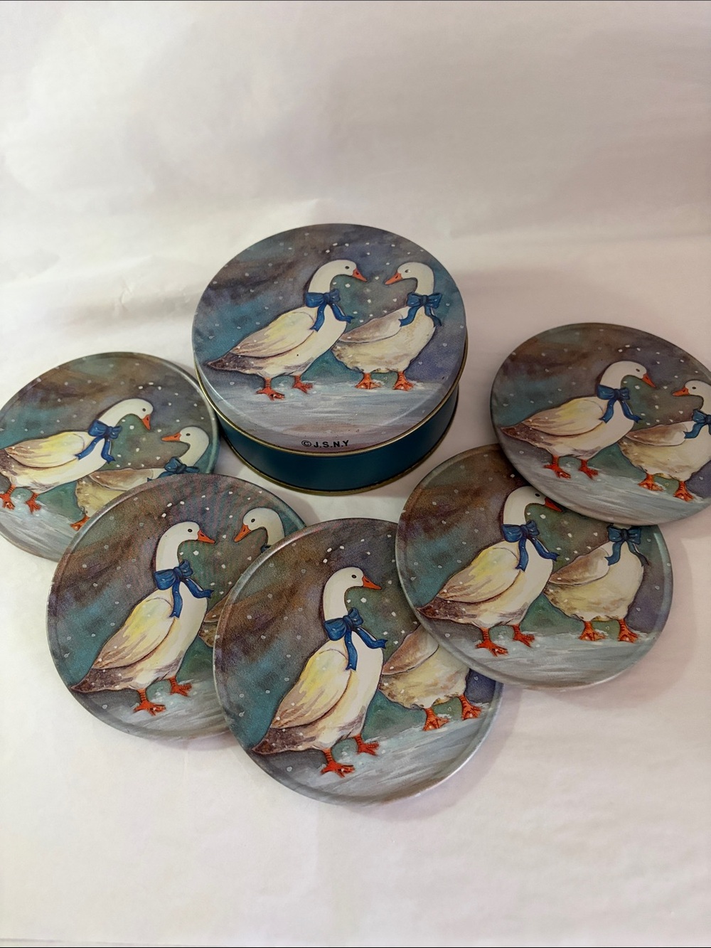 Vintage Geese-in-Snow Coasters & Tin Set J.S.N.Y. 1980s
